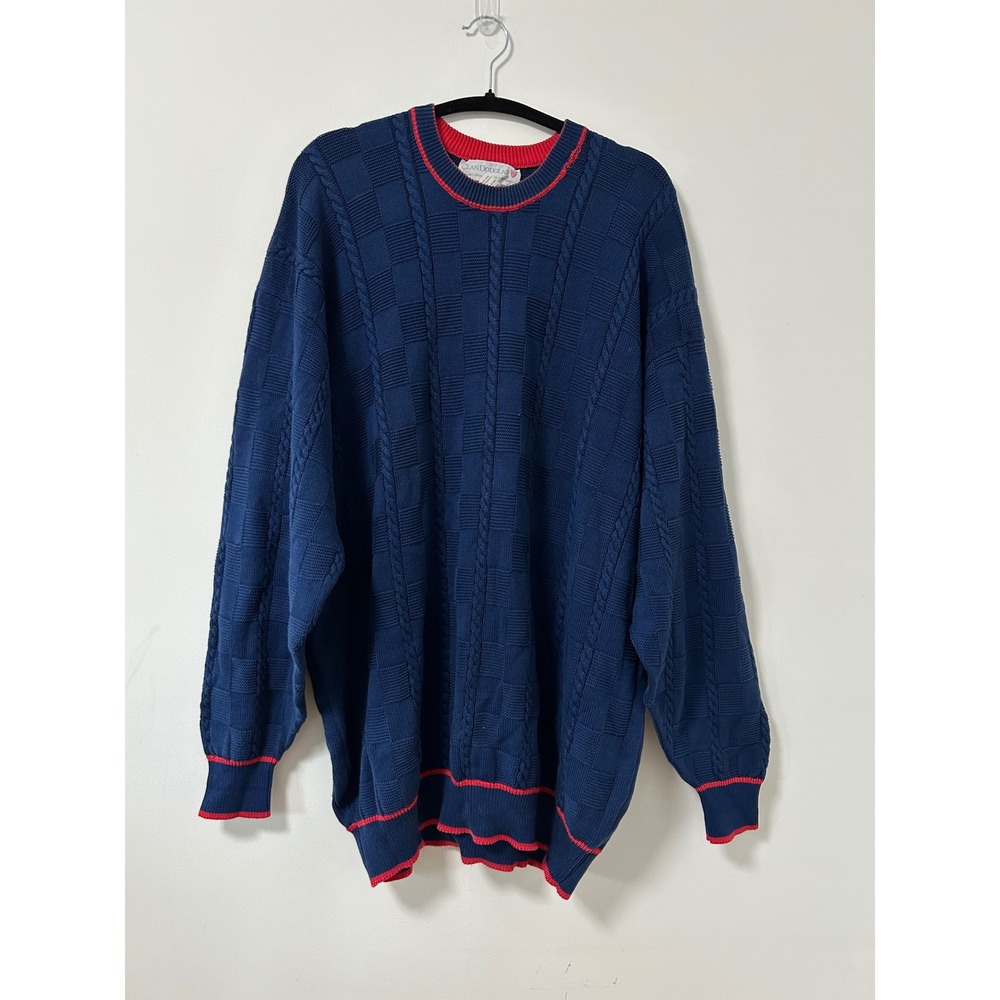 Clan‎ Douglas Scotland Navy Cotton Cable Knit Crewneck Sweater Red Trim Men XL